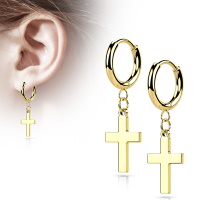 Boucles d'oreilles créoles avec pendant croix en acier doré.