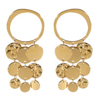 Boucles d'oreilles pendantes en forme de cercle avec pendants de pastilles rondes lisses et martelées en acier doré.
