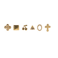 Lot de 6 boucles d'oreilles en acier doré composées d'une puce en forme de croix, d'une puce de forme ovale, d'une puce en forme de cerise, d'une puce carrée, d'une puce sertie d'un cristal et d'une puce en forme de croix sertie de cristaux.