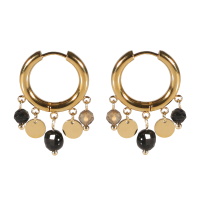Boucles d'oreilles créoles avec pampilles rondes en acier doré et pampilles en perles de couleur noir.