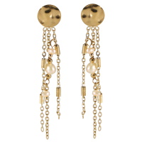 Boucles d'oreilles composées d'une puce ronde martelée en acier doré et de trois chainettes en acier doré avec perles d'imitation.