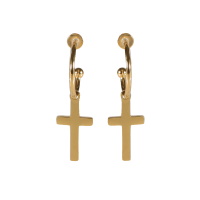 Boucles d'oreilles créoles ouvertes avec pendants en forme de croix en acier doré.