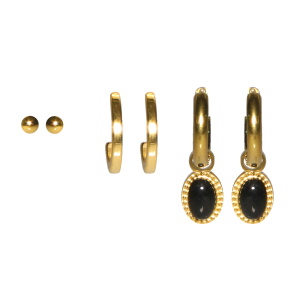 Lots de boucles d'oreilles composées d'une paire de créoles en acier doré avec pendants surmontés d'un cabochon de couleur noir, d'une paire de puces rondes en acier doré et d'une paire de créoles ouvertes en acier doré.