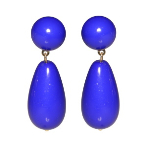 Boucles d'oreilles pendantes en acier doré et en matière synthétique de couleur bleue.