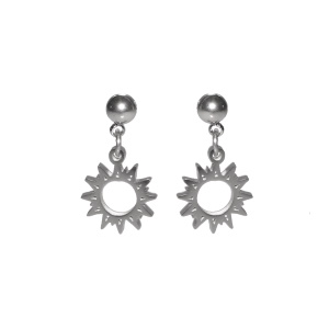 Boucles d'oreilles pendantes composées d'une puce ronde et d'un soleil en acier argenté.