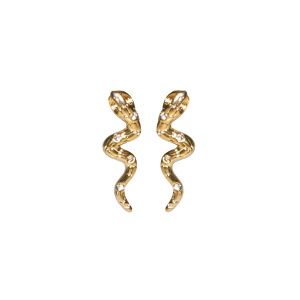 Boucles d'oreilles pendantes en forme de serpent en acier doré serties de strass.