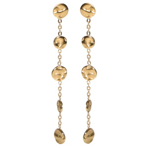 Boucles d'oreilles pendantes composées d'une chaîne et de cinq pastilles rondes martelées en acier doré.