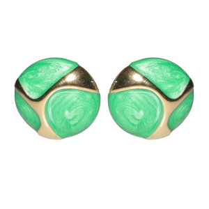 Boucles d'oreilles pendantes rondes en acier doré et pavées d'émail de couleur verte.