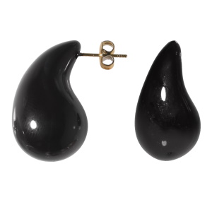 Boucles d'oreilles pendantes en forme de goutte en acier doré et en résine de couleur noire.