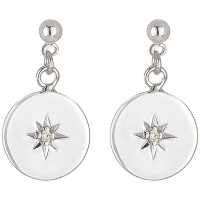 Boucles d'oreilles pendantes composées d'une puce boule et d'une pastille ronde avec le motif d'une étoile en argent 925/000 rhodié et sertie d'un oxyde de zirconium blanc.