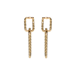 Boucles d'oreilles pendantes composées de deux rectangles entrelacés en acier doré.