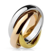 Trois bagues anneaux entrelacés en acier  doré, argenté et rosé.