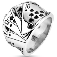 Bague pour homme au motif de 5 cartes de jeux, main de poker, en acier 316L argenté.
