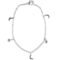 Bracelet chaîne de cheville composé d'une chaîne avec pampilles boules et croissant de lune en acier argenté. Fermoir mousqueton avec 5 cm de rallonge.
