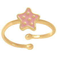 Bague pour enfant en plaqué or jaune 18 carats avec motif d'étoile à pois en émail de couleur rose. Taille ajustable.
