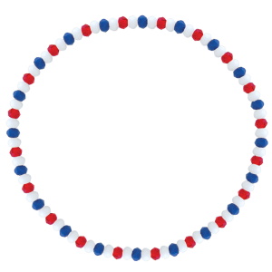 Bracelet élastique de perles de couleur bleue, blanche et rouge.