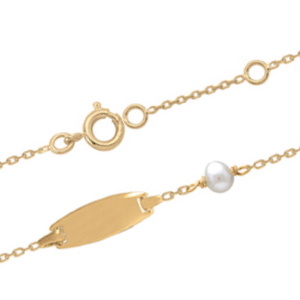 Bracelet gourmette pour enfant composé d'une chaîne en plaqué or jaune 18 carats et d'une perle d'imitation. Fermoir anneau de ressort avec anneaux de rappel à 12 et 14 cm.