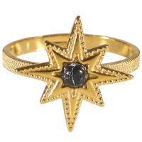 Bague avec une étoile en acier 316L doré surmontée d'une pierre de couleur noire de forme ronde. Taille ajustable.