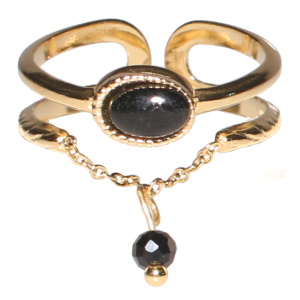 Bague double rangs en acier doré composée d'un cabochon ovale de couleur noir et d'une chaîne avec une perle de couleur noire. Taille ajustable.