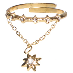 Bague en acier doré sertie de 6 cristaux avec une chaîne et une étoile sertie d'un cristal. Taille ajustable.