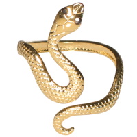 Bague en forme de serpent en acier doré avec les yeux en cristaux de couleur noir. Taille ajustable.