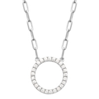 Collier composé d'une chaîne en argent 925/000 rhodié et d'un pendentif cercle pavé d'oxydes de zirconium blancs.
Fermoir mousqueton avec anneaux de rappel à 40, 42 et 45 cm.