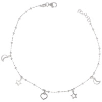 Bracelet chaîne de cheville boules avec pendants croissant de lune, étoile et cœur en argent 925/000 rhodié. Fermoir mousqueton avec 2 cm de rallonge.