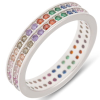 Bague anneau en argent 925/000 rhodié pavée de deux rangs d'oxydes de zirconium multicolore.