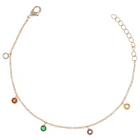 Bracelet composé d'une chaîne en plaqué or jaune 18 carats et de pampilles rondes serties de pierres multicolores. Fermoir mousqueton avec 3 cm de rallonge.