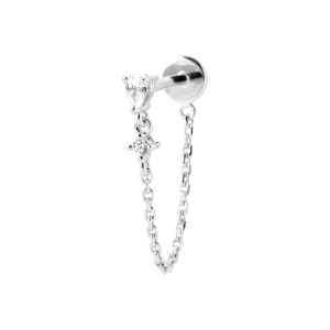 Boucle d'oreille composé d'une puce et d'une chaînette en argent 925 rhodié sertie d'un oxyde de zirconium blanc et reliée à une puce sertie d'un oxyde de zirconium blanc. Vendu à l'unité. 
