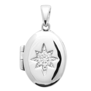 Pendentif médaillon porte photo en argent 925 rhodié gravé d'une étoile pavée d'oxydes de zirconium blancs. Vendu seul sans chaine.