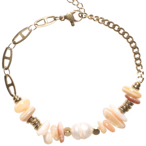 Bracelet composé d'une chaîne avec perles cubiques et cylindriques en acier doré, une pierre de nacre et des pierres de couleur blanche. Fermoir mousqueton avec 3 cm de rallonge.