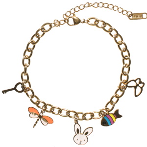 Bracelet composé d'une chaîne en acier doré et de breloques en forme de papillon et de clé en acier doré et de poisson, de lapin et de libellule pavées d'émail de couleur. Fermoir mousqueton avec 5 cm de rallonge.