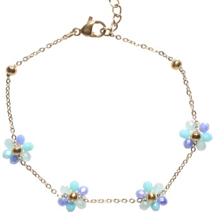 Bracelet composé d'une chaîne en acier doré et de fleurs en perles de couleur bleue. Fermoir mousqueton avec 3 cm de rallonge.