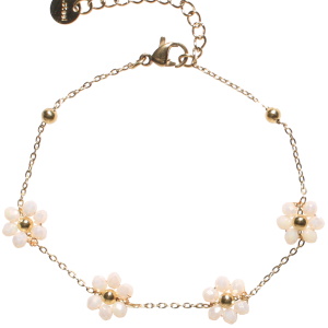 Bracelet composé d'une chaîne en acier doré et de fleurs en perles de couleur blanche écrue. Fermoir mousqueton avec 3 cm de rallonge.