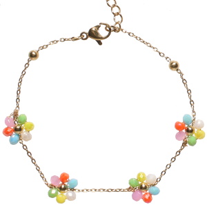 Bracelet composé d'une chaîne en acier doré et de fleurs en perles multicolores. Fermoir mousqueton avec 3 cm de rallonge.