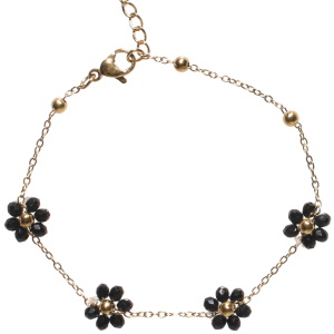 Bracelet composé d'une chaîne en acier doré et de fleurs en perles de couleur noire. Fermoir mousqueton avec 3 cm de rallonge.