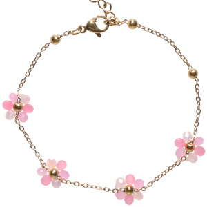Bracelet composé d'une chaîne en acier doré et de fleurs en perles de couleur rose. Fermoir mousqueton avec 3 cm de rallonge.