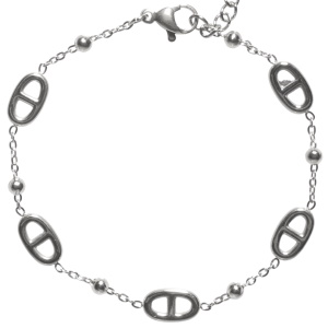 Bracelet composé d'une chaîne avec perles et grains de café en acier argenté. Fermoir mousqueton avec 5 cm de rallonge.