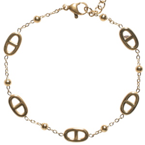 Bracelet composé d'une chaîne avec perles et grains de café en acier doré. Fermoir mousqueton avec 5 cm de rallonge.