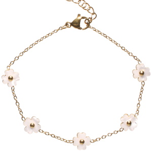 Bracelet composé d'une chaîne en acier doré et de fleurs pavées de nacre. Fermoir mousqueton avec 3 cm.