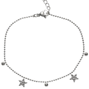 Bracelet composé d'une chaîne boules avec pampilles boules en acier argenté et pampilles étoiles serties de strass. Fermoir mousqueton avec 3 cm.