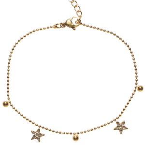 Bracelet composé d'une chaîne boules avec pampilles boules en acier doré et pampilles étoiles serties de strass. Fermoir mousqueton avec 3 cm.