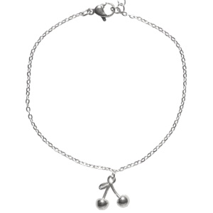 Bracelet composé d'une chaîne avec cerises en acier argenté. Fermoir mousqueton avec 3 cm.