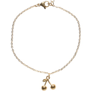 Bracelet composé d'une chaîne avec cerises en acier doré. Fermoir mousqueton avec 3 cm.