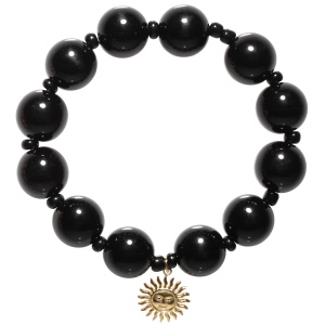 Bracelet élastique composé de perles et de boules noires et d'un soleil avec visage en acier doré.
