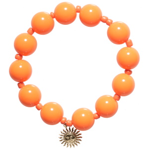 Bracelet élastique composé de perles et de boules oranges et d'un soleil avec visage en acier doré.