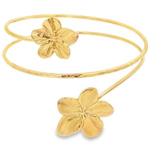 Apportez une touche de poésie et d'exotisme à votre allure avec ce magnifique bracelet de bras en acier doré. Ce bracelet se distingue par son design en spirale, terminé à chaque extrémité par une fleur de frangipanier minutieusement sculptée. Conçu pour épouser délicatement le haut du bras, ce bijou est l'accessoire indispensable pour sublimer vos tenues d'été ou vos looks de soirée.