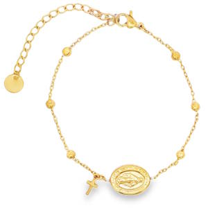 Ce magnifique bracelet en acier doré se présente comme un chapelet. Son design raffiné est sublimé par un médaillon de forme ovale, délicatement gravé de Jésus Christ et d'une croix. La composition équilibrée et la finition soignée de ce bijou en font une pièce intemporelle, alliant élégance classique et détails religieux pour sublimer votre poignet au quotidien. Fermoir mousqueton avec 5 cm de rallonge.