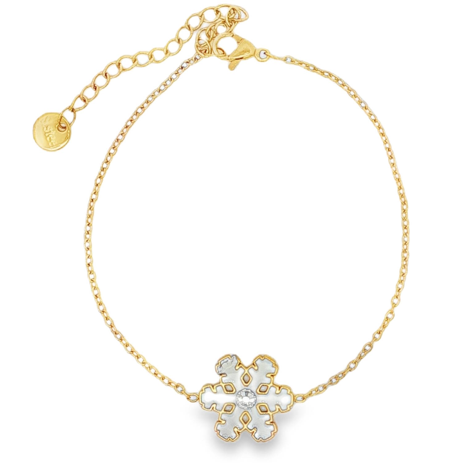 Ce bracelet chaîne en acier doré est une pièce délicate et raffinée.<br/>Le flocon de neige central, orné d'un strass incolore taille brillant, apporte une touche de lumière et d'élégance.<br/>Idéal pour ajouter un éclat subtil à votre poignet, ce bracelet est parfait pour toutes les occasions.<br/>Fermoir mousqueton avec 5 cm de rallonge. Flocon Neige Strass Adolescent Adulte Automne Femme Fille Hiver Nature Ce bracelet chaîne en acier doré est une pièce délicate et raffinée.<br/>Le flocon de neige central, orné d'un strass incolore taille brillant, apporte une touche de lumière et d'élégance.<br/>Idéal pour ajouter un éclat subtil à votre poignet, ce bracelet est parfait pour toutes les occasions.<br/>Fermoir mousqueton avec 5 cm de rallonge. Flocon Neige Strass Adolescent Adulte Automne Femme Fille Hiver Nature